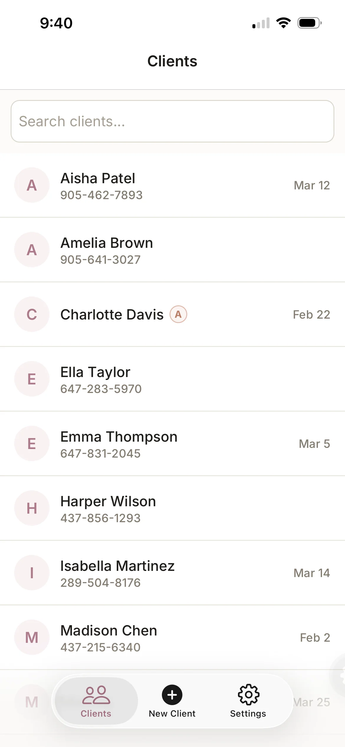 Clients list in Eyeform